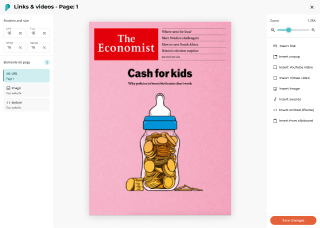 Paperturn editor showing a flipbook page being customized with
  interactive links and media