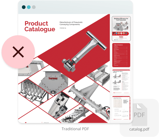 Static industrial product catalog with a broken link icon — illustrating how Paperturn helps manufacturing companies.