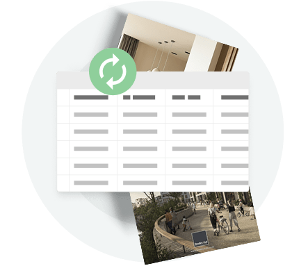 Digital spreadsheet with sync icon — showing how Paperturn helps manufacturers share direct links.