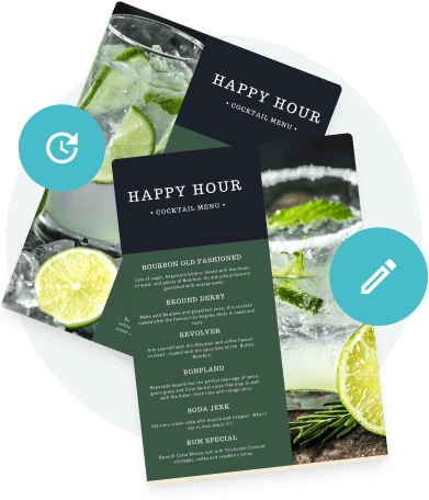 Happy hour cocktail menu design with margarita images, modern dark green layout Happy hour cocktail menu design with margarita images, modern dark green layout