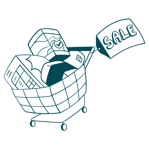 Illustration of a shopping cart filled with products and a sale tag representing eCommerce merchandi