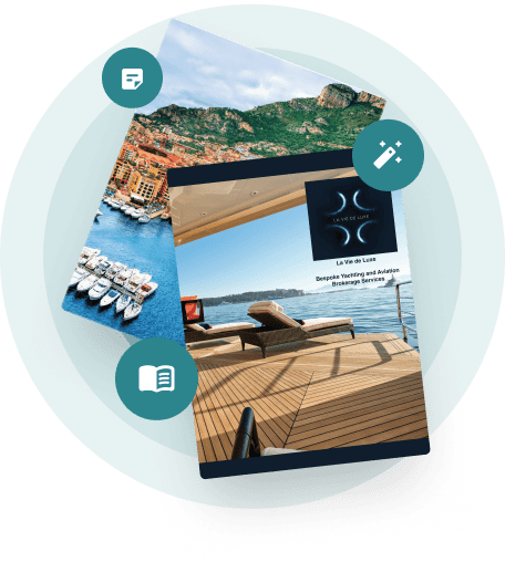 Luxury travel portfolio displayed as interactive digital magazine with yacht and coastal photography