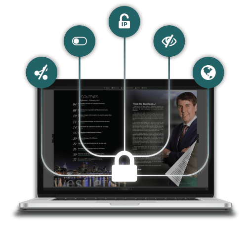 A flipbook displayed on the Paperturn viewer with icons such as: no sharing, IP whitelisting and an enable public viewing option