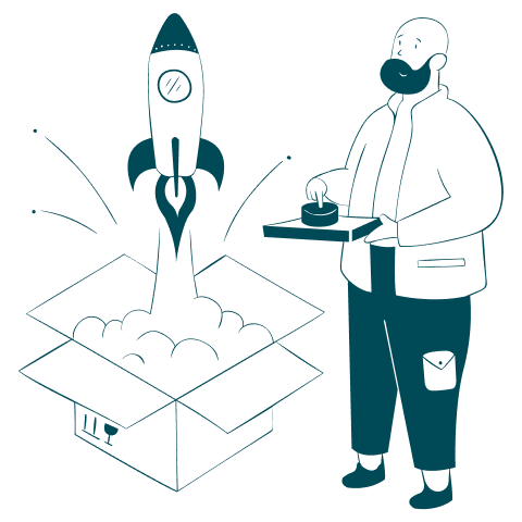 Illustration of a person launching a rocket from a box symbolizing product technical writing, docume