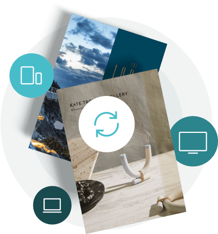 Accessible, responsive digital publications with sync icon and device symbols, showing Paperturn flipbooks work across screens Accessible, responsive digital publications with sync icon and device symbols, showing Paperturn flipbooks work across screens