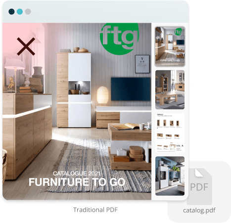 Traditional static PDF furniture catalog with a red X icon — illustrating how old-fashioned PDFs lac Traditional static PDF furniture catalog with a red X icon — illustrating how old-fashioned PDFs lac
