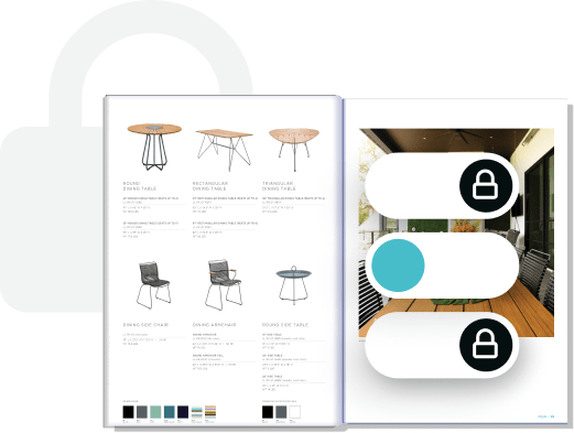 Digital product catalog with lock icons and privacy controls — illustrating how Paperturn enables sa Digital product catalog with lock icons and privacy controls — illustrating how Paperturn enables sa