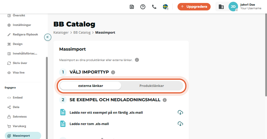 Massimport steg 1 visar växlingsfältet ”External links” kontra ”Product links” markerat.