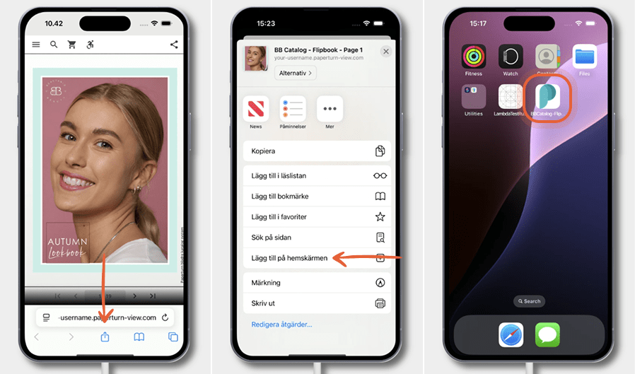 Tre iPhone-skärmar visar hur man lägger till en flipbook på hemskärmen: öppna flipbook i Safari, try