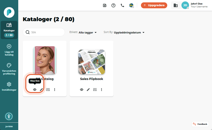 Flipbookbiblioteket visar två kort ett med titeln flipbook title och ett annat example flipbook. Ett