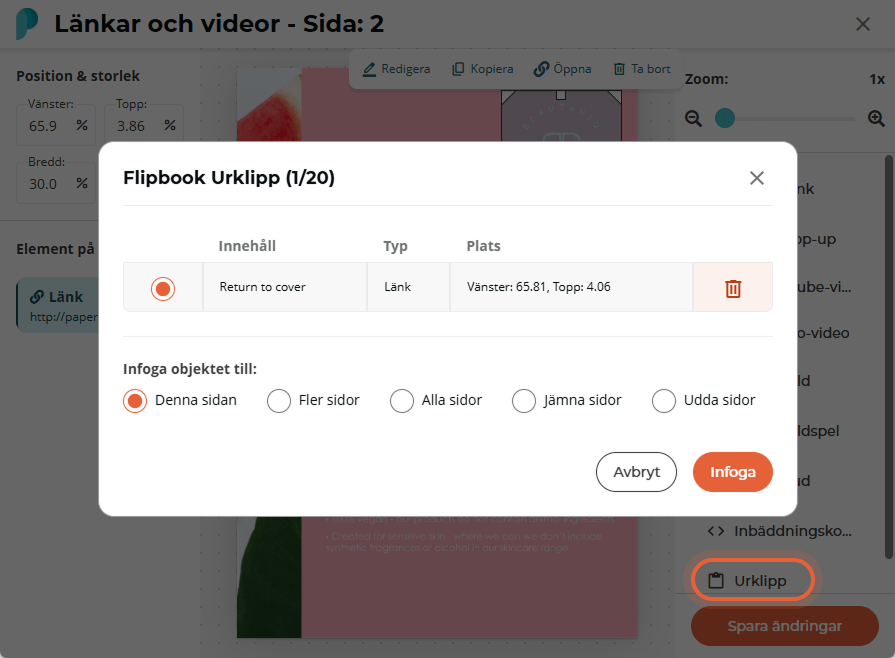Dialogrutan för flipbook-urklipp visar ett kopierat länkobjekt och radioknappar för var det ska klis