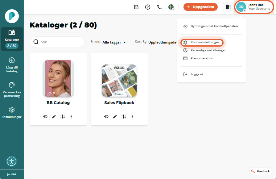 Konto­dropdown öppen med alternativet ”Kontoinställningar” markerat på Flipbooks-instrumentpanelen.