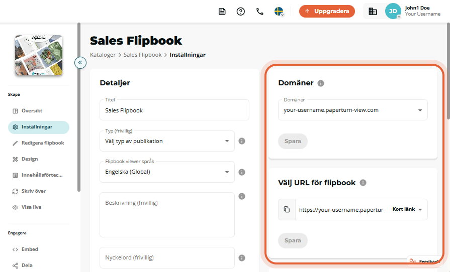 Sales Flipbook-inställningssida med tom rullgardinsmeny för Domains och markerat URL-alternativpanel