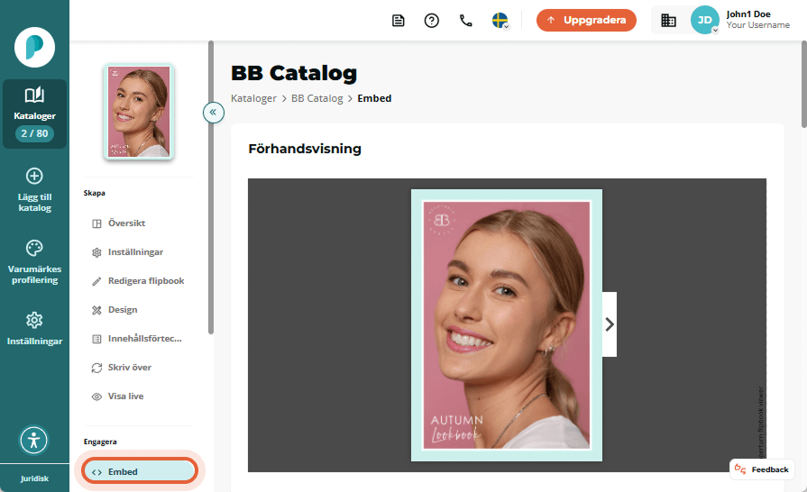 I fliken för inbäddning av flipbook, förhandsgranska hur flipbooken kommer att se ut när den är inbä