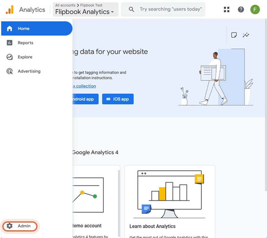 Google Analytics-startsida som visar Flipbook Analytics-kontot och en sidopanel med Admin-knappen ma