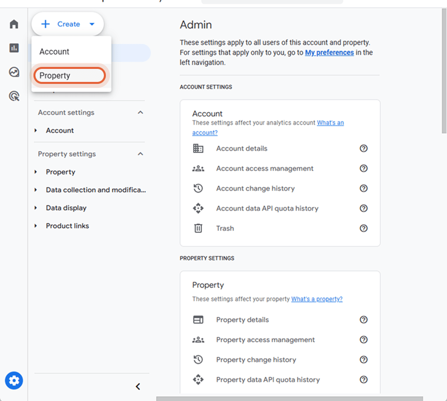 Admin-avsnittet i Google Analytics med alternativet att skapa en ny egenskap valt.