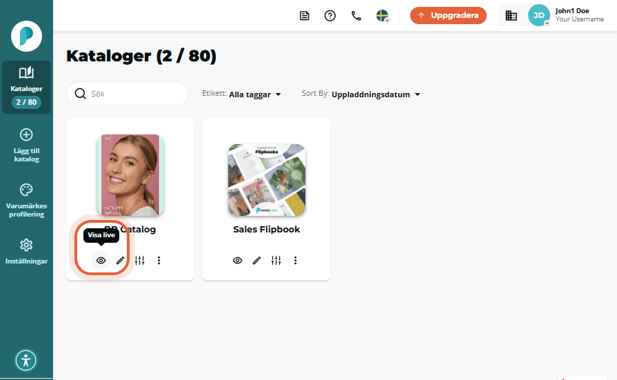 Översikt över flipbooks med två miniatyrer där det första flipbookkortet är inringat och visar verkt