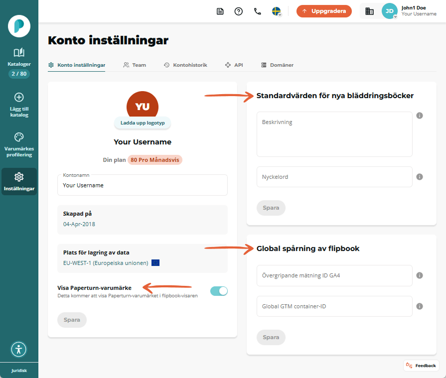 Skärmen Kontoinställningar visar kontoinformation standardfält för flipbook brandingreglage och spår