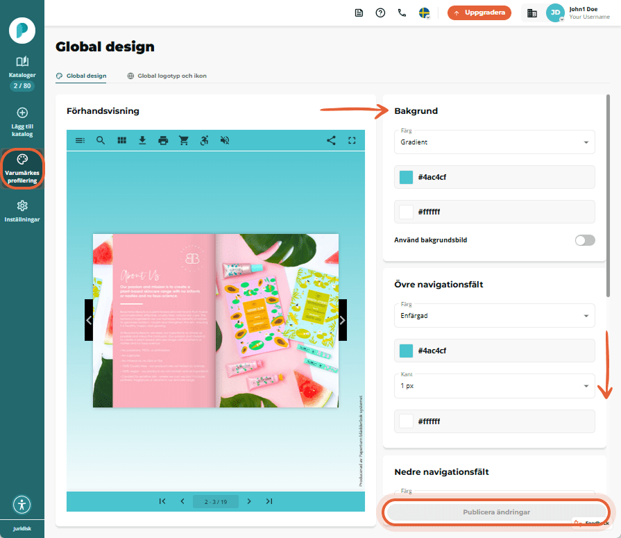 Globala designvyn för branding med förhandsvisning till vänster kontroller för bakgrundsfärg till hö