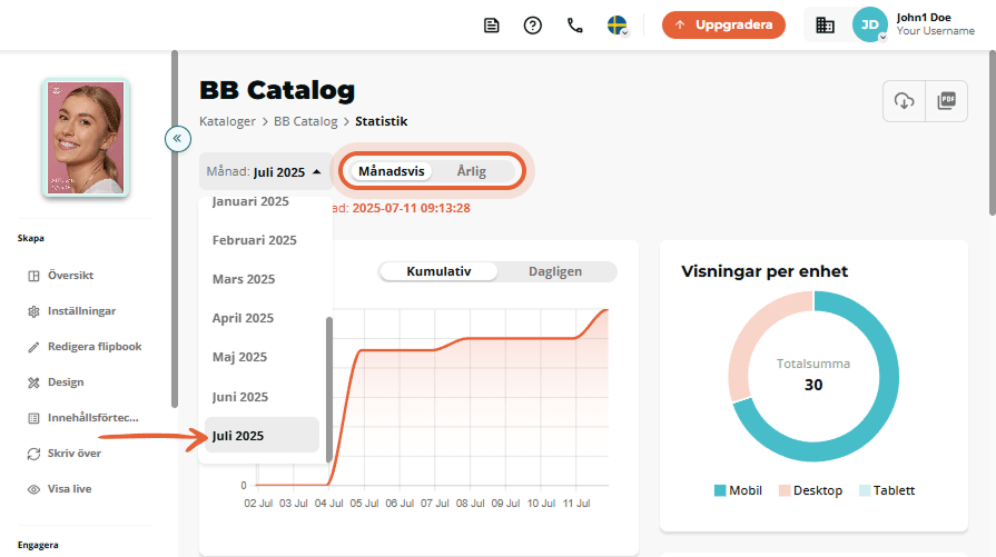 Månatligt filter valt för statistik över blädderbok, rullgardinsmeny utvecklad.