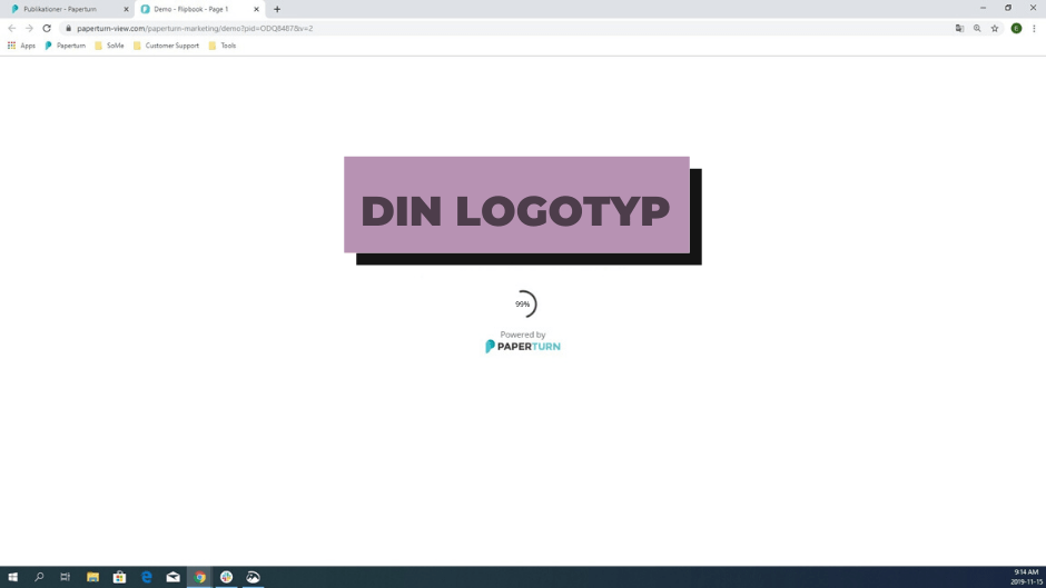 En webbläsarflik som visar sidan när en blädderbok laddas samtidigt som en anpassad logga visas