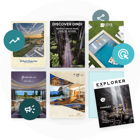 Grid of digital travel brochures with interactive icons — showing how Paperturn helps tourism and hospitality create engaging, updatable digital guides.