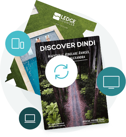 Digital travel guide with sync icons — showing how Paperturn helps hospitality brands update seasonal content.