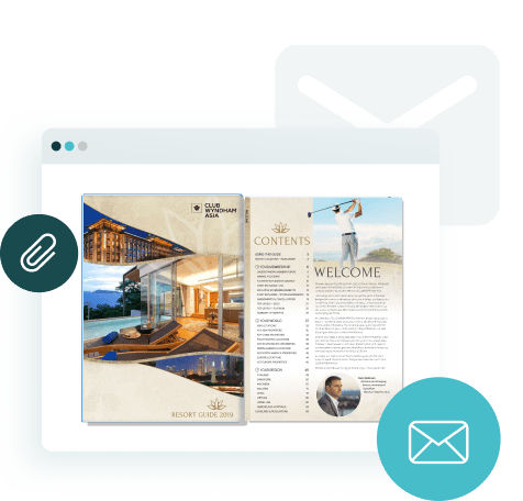 Digital resort guide with email and attachment icons — showing how Paperturn helps hotels share branded guides across multiple guest touchpoints.
