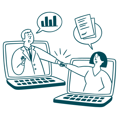 Illustration of two business professionals shaking hands through laptop screens representing digital Illustration of two business professionals shaking hands through laptop screens representing digital