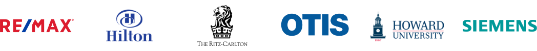 Company logos including Remax, Hilton, The Ritz-Carlton, Otis, Howard University, Siemens