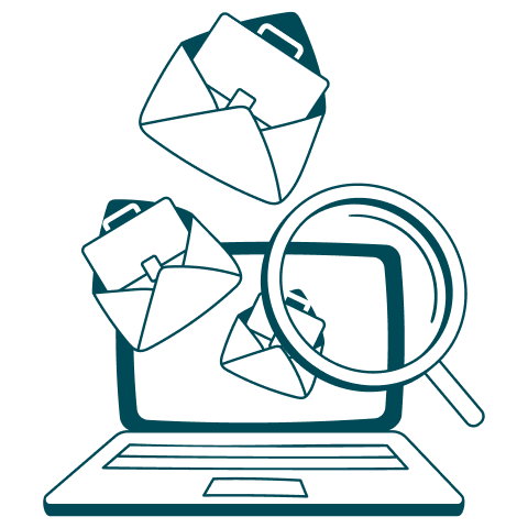 Illustration of emails and magnifying glass on a laptop representing internal communications and mes
